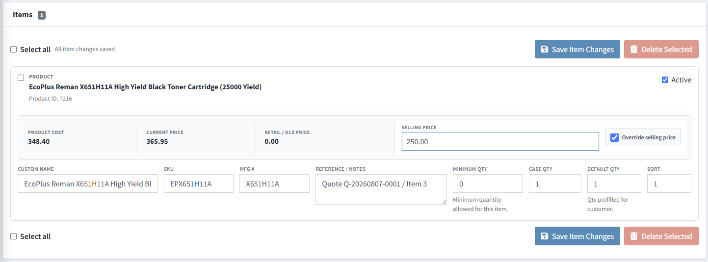 Quick Order Form item retaining the selling price approved in the quote