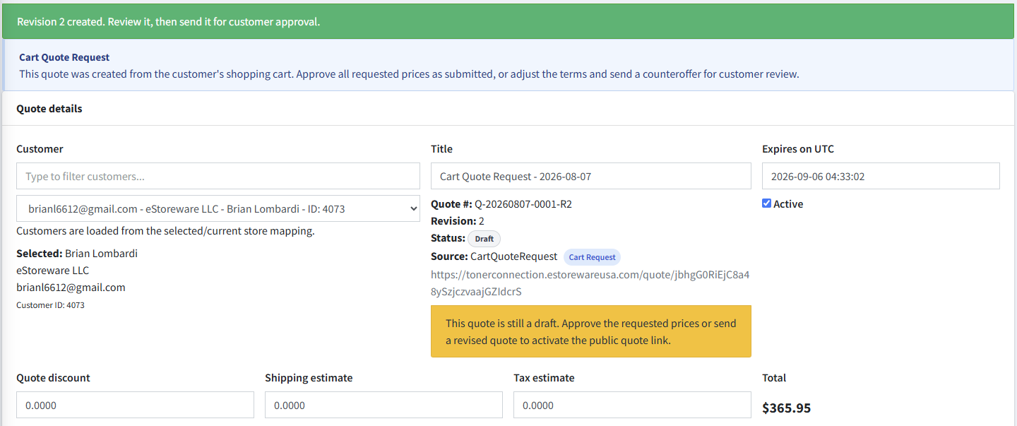 Second revision of a cart quote request ready for customer approval