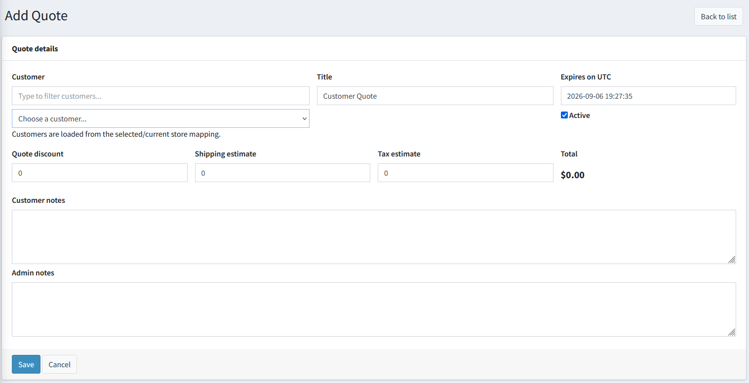 Add Quote page with customer, title, expiration, totals, and notes