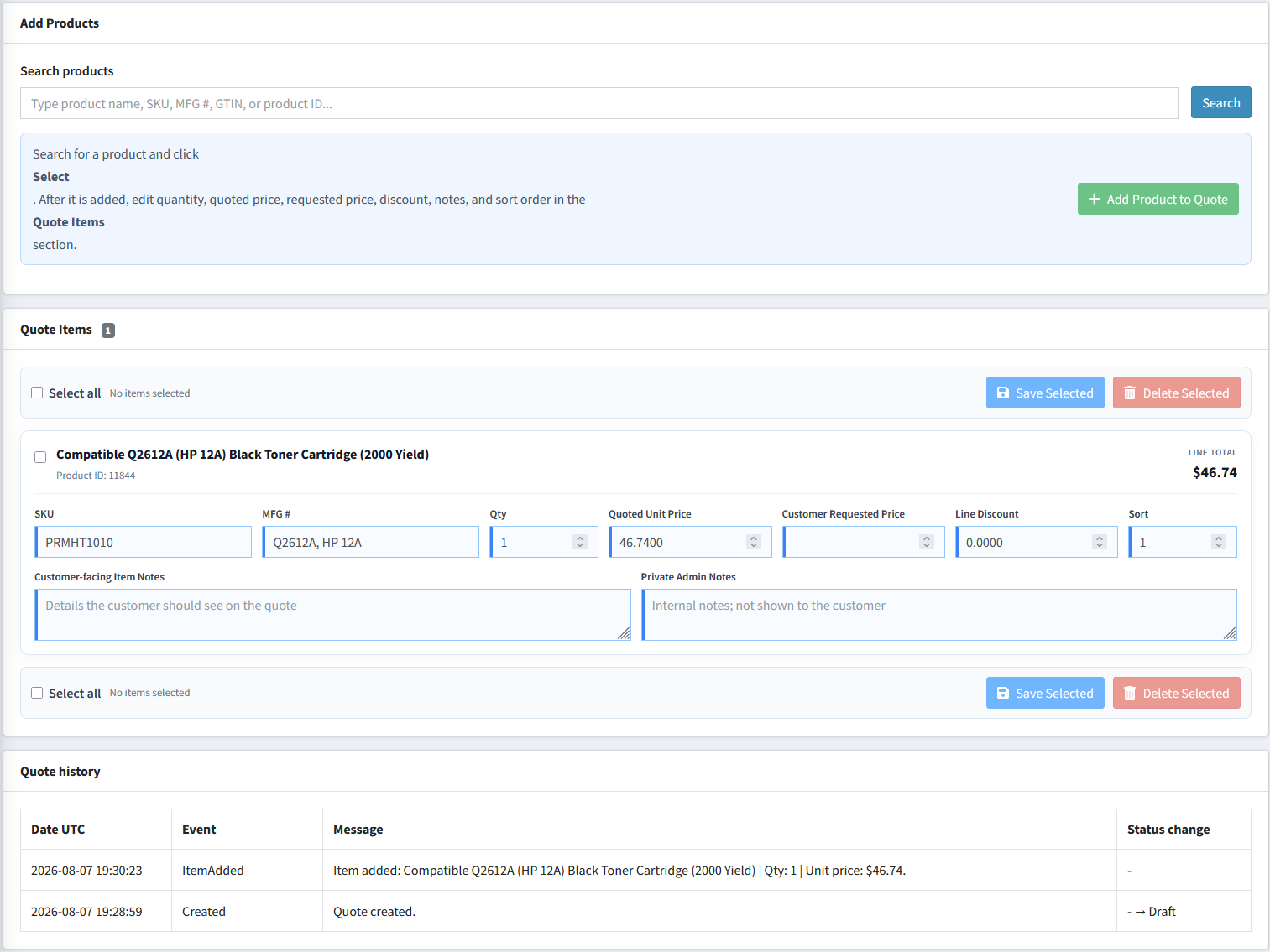 Advanced Quote product search, item editor, and quote history