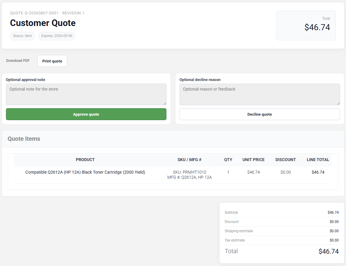 Public customer quote with approval note, decline reason, approve, and decline controls