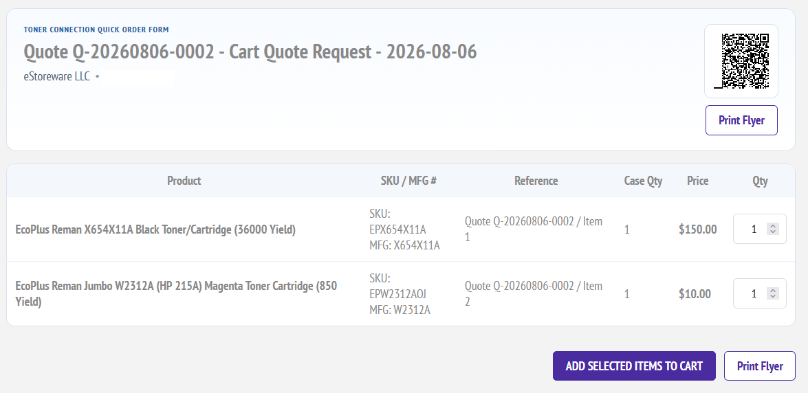 Public Quick Order Form generated from an Advanced Quote