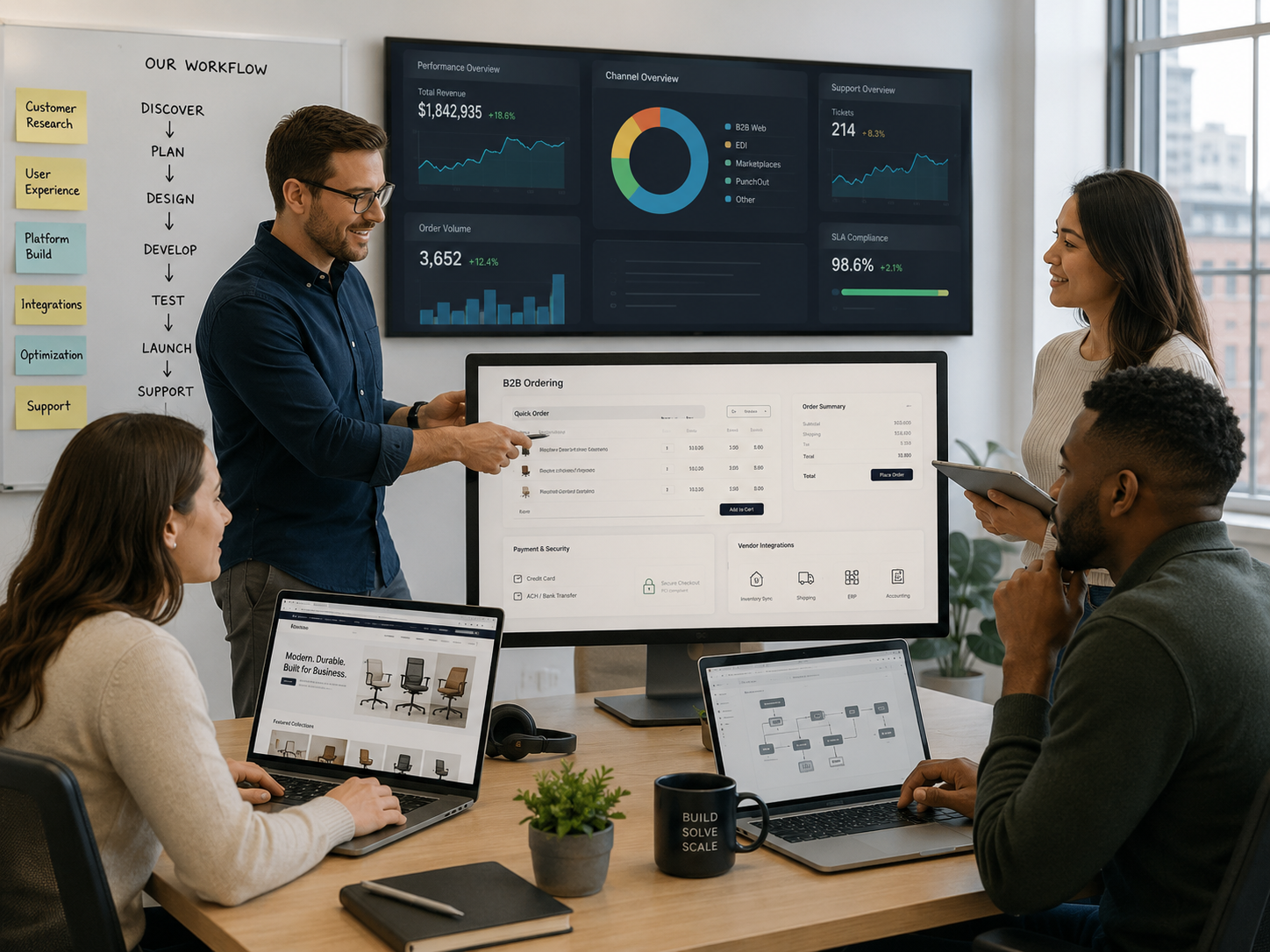 Professional team collaborating on ecommerce websites and business workflows