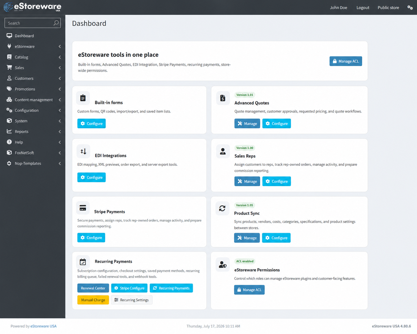 eStoreware Core dashboard showing installed tools