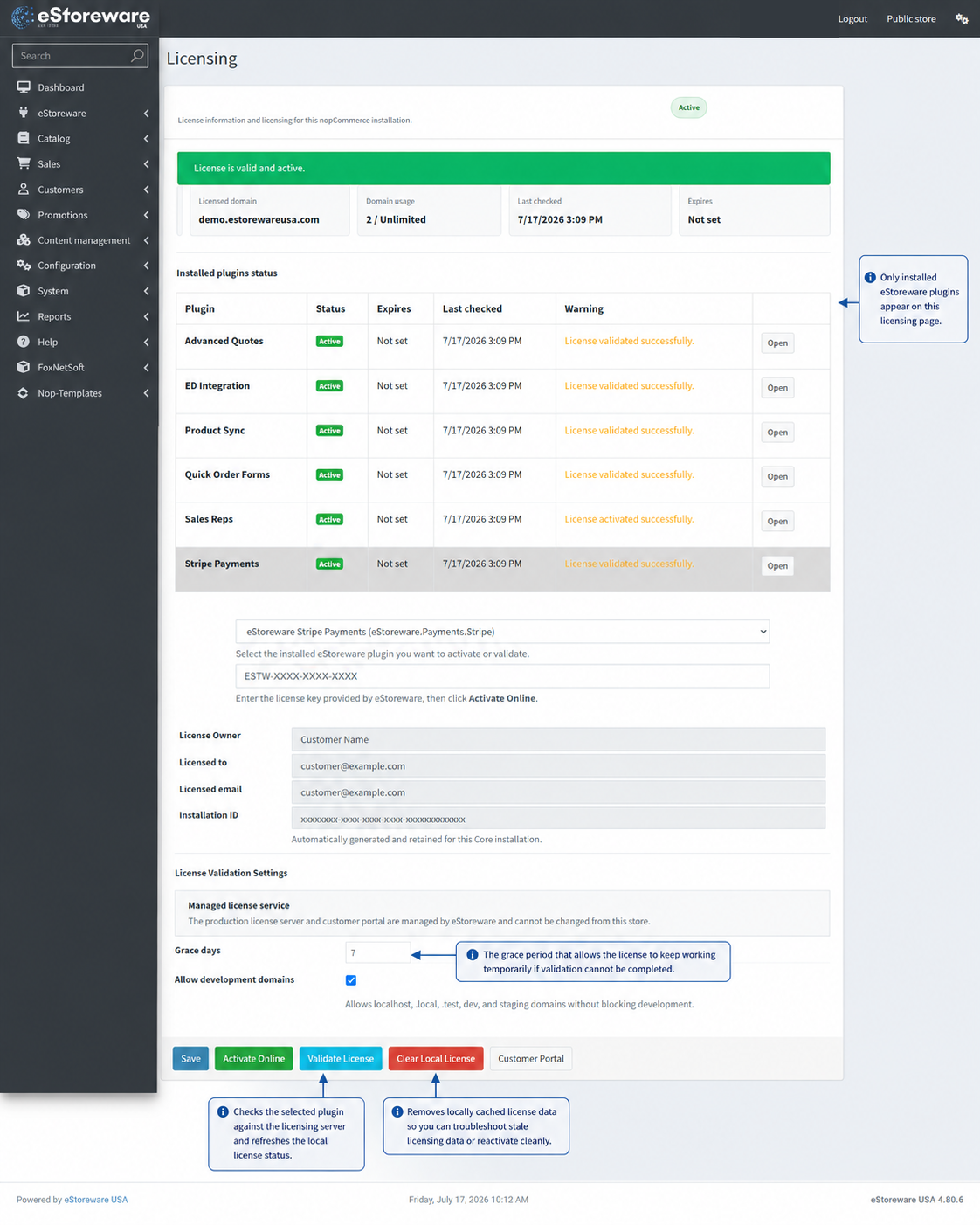 eStoreware license controls with explanations for grace days, Validate License, and Clear Local License