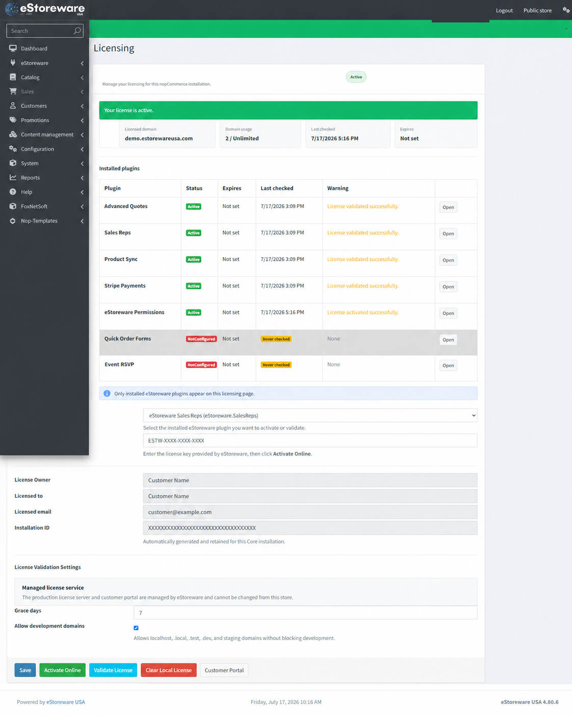 eStoreware licensing page showing installed plugin statuses