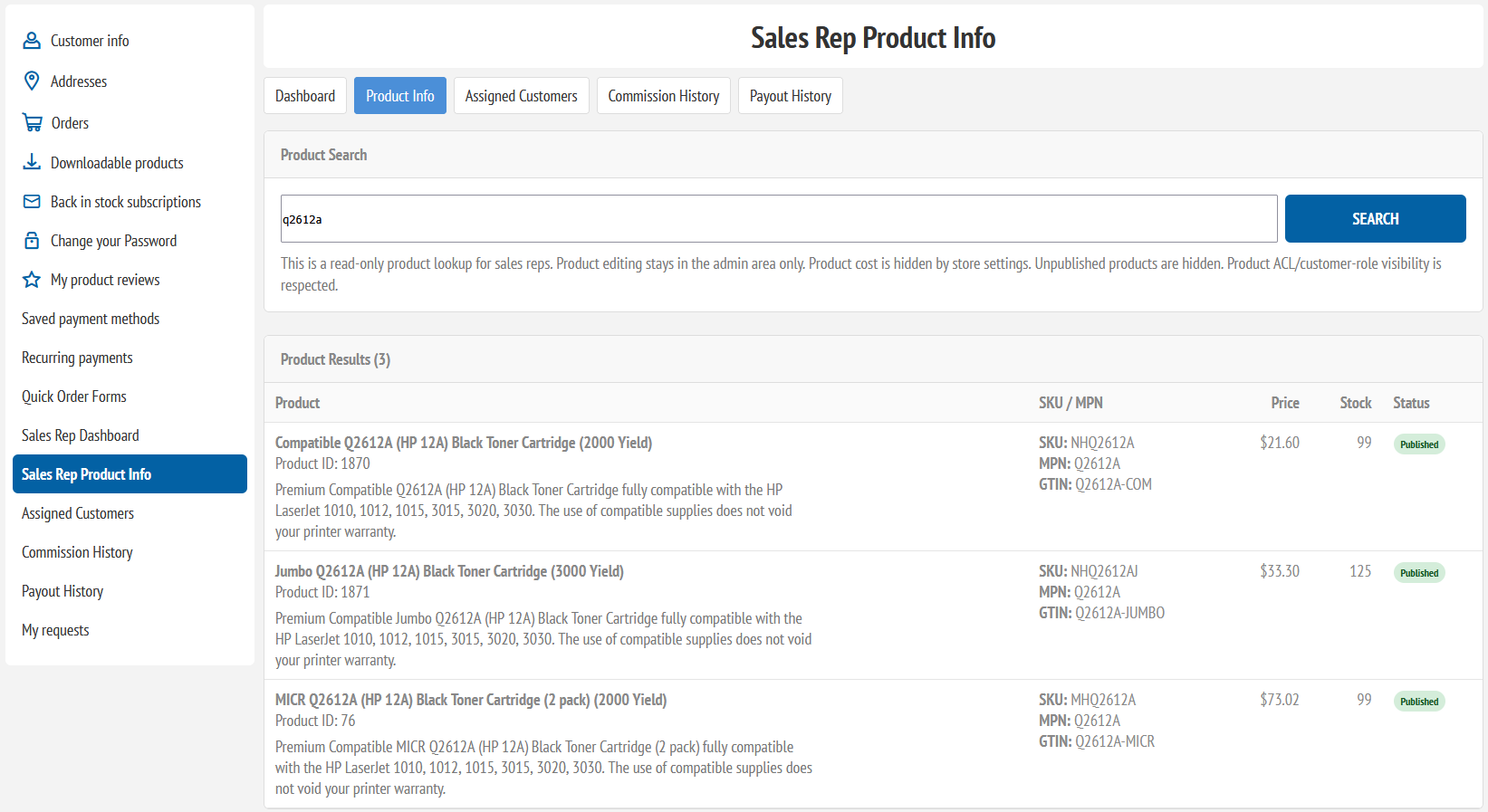 Read-only sales rep product lookup page