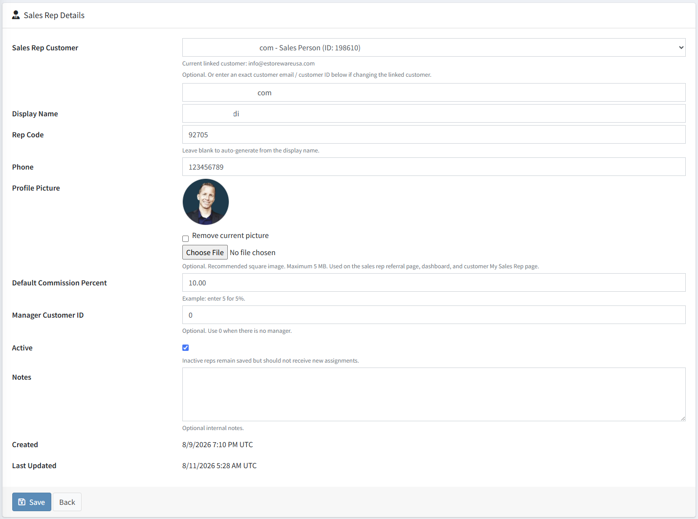 Admin sales rep profile edit page with profile photo and commission settings