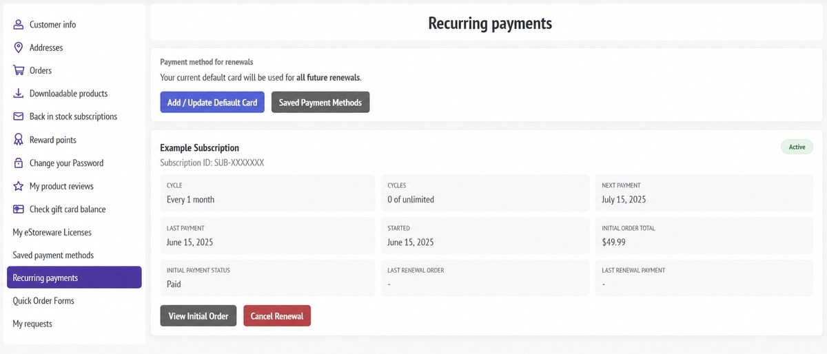 Customer recurring payments page