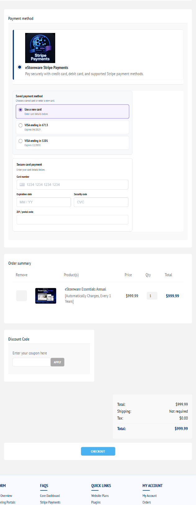 Stripe payment method, saved cards, secure card entry, and order summary