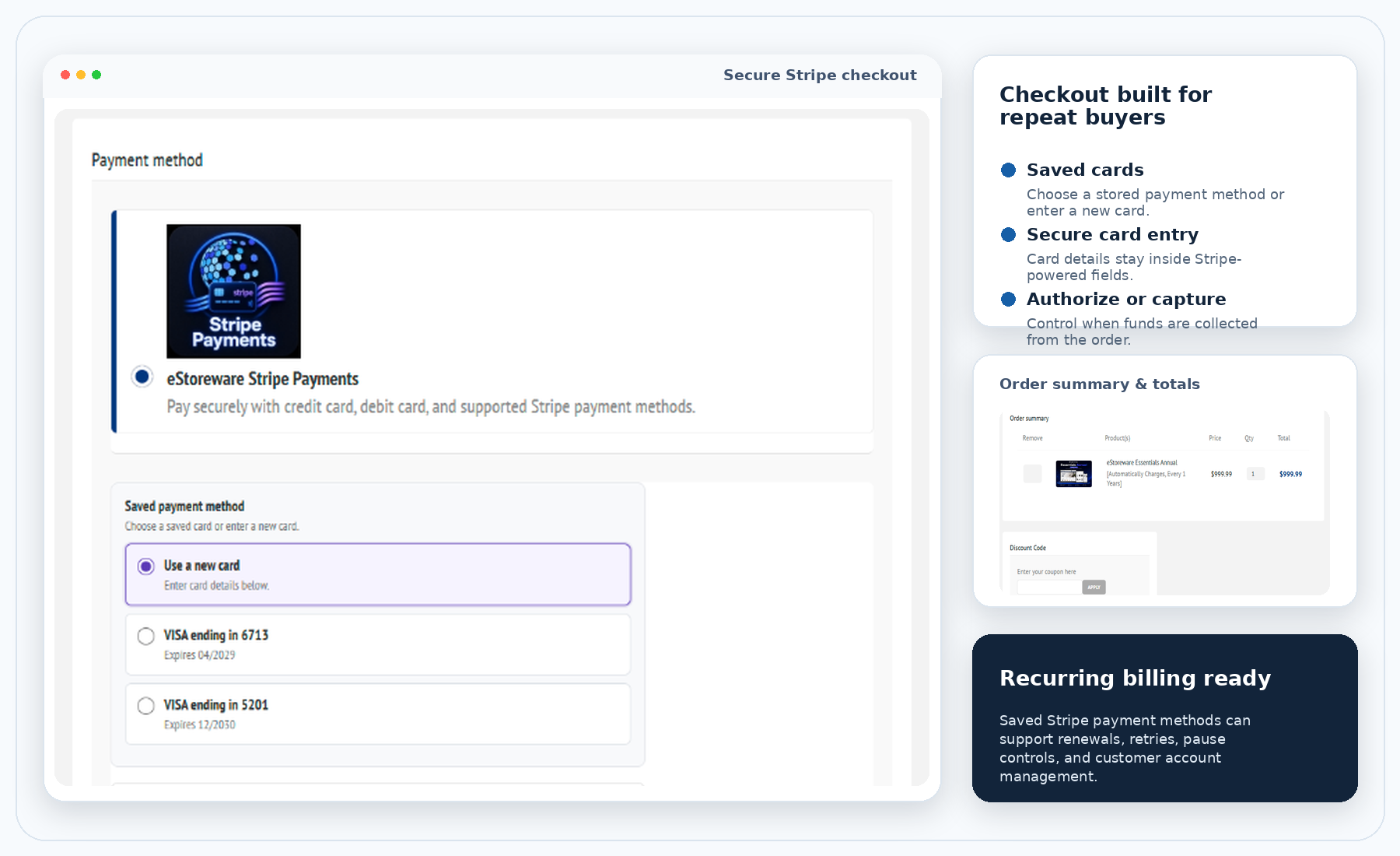 Secure Stripe checkout, saved payment methods, order summary, and recurring billing