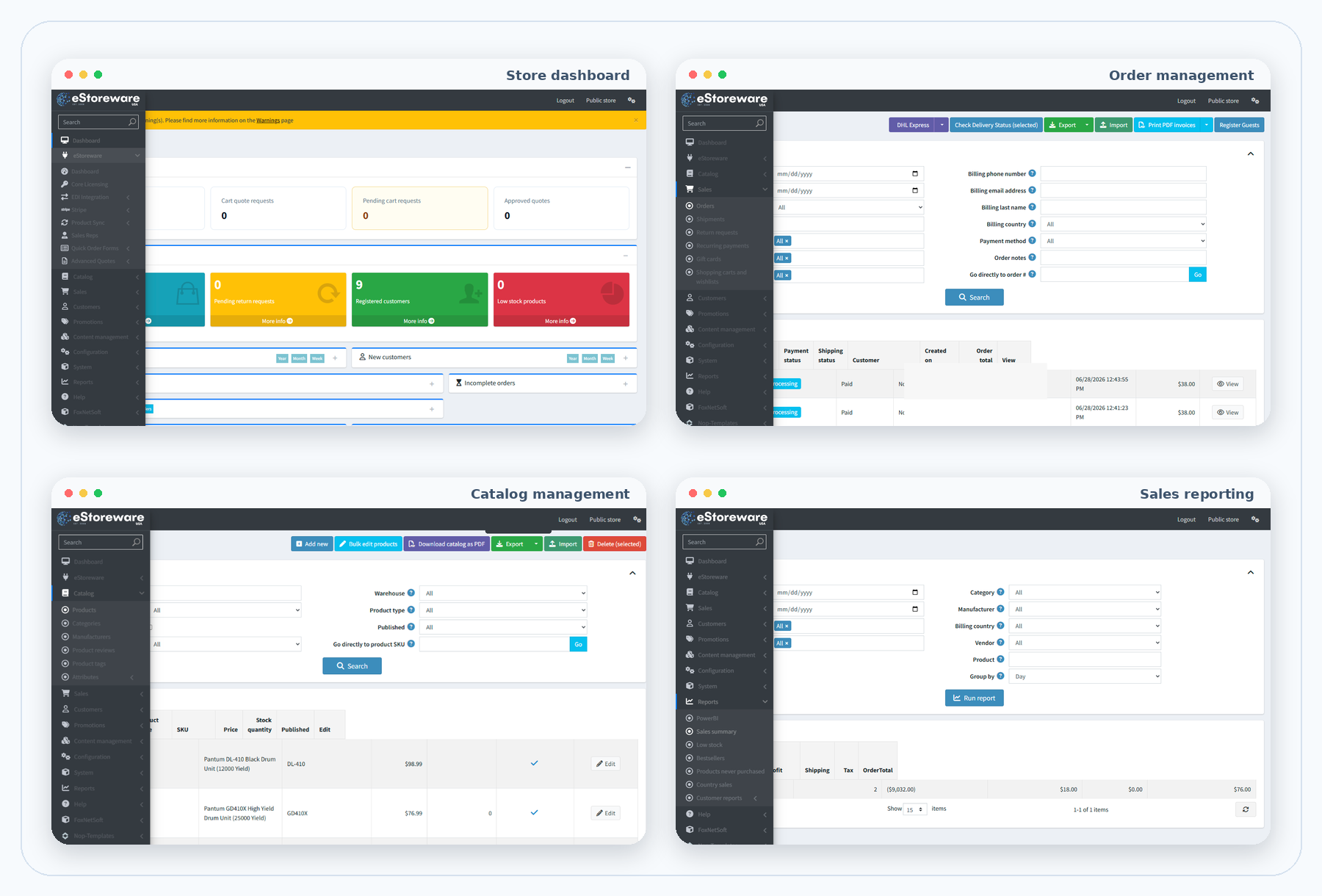 eStoreware dashboard, order management, catalog management, and sales reporting