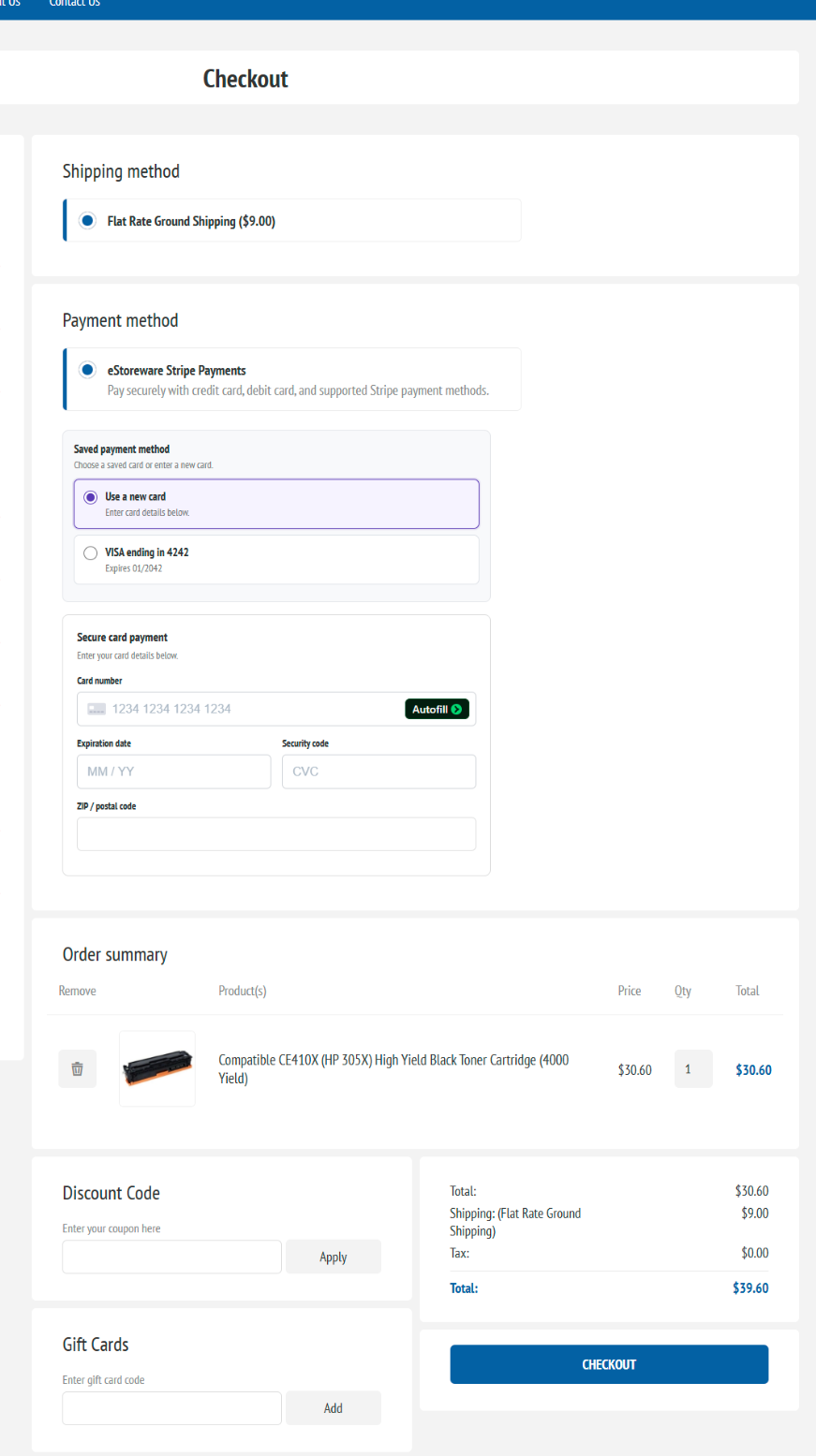 Shipping, Stripe payment, saved card, order summary, and checkout