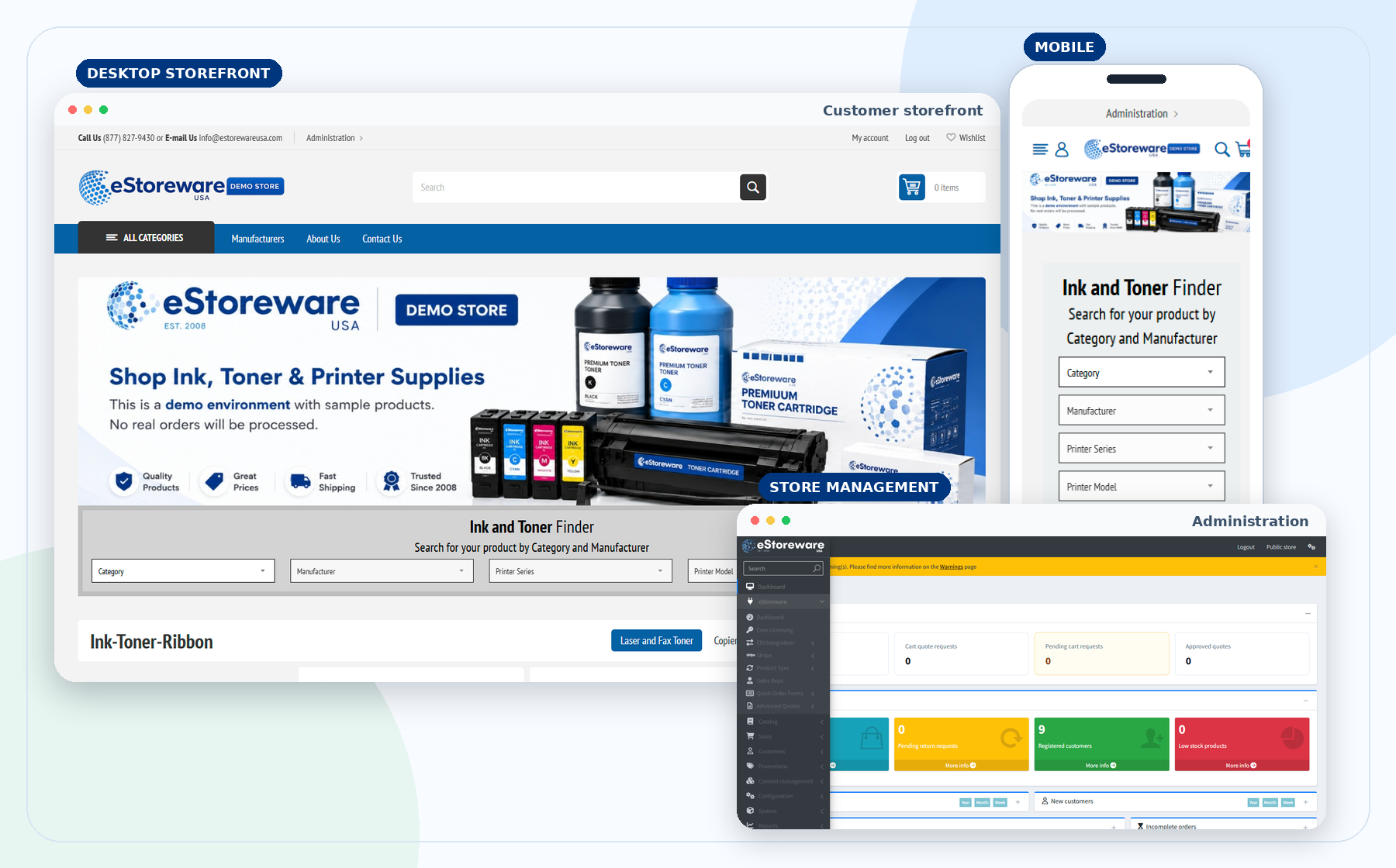 eStoreware desktop storefront, mobile storefront, and administration dashboard