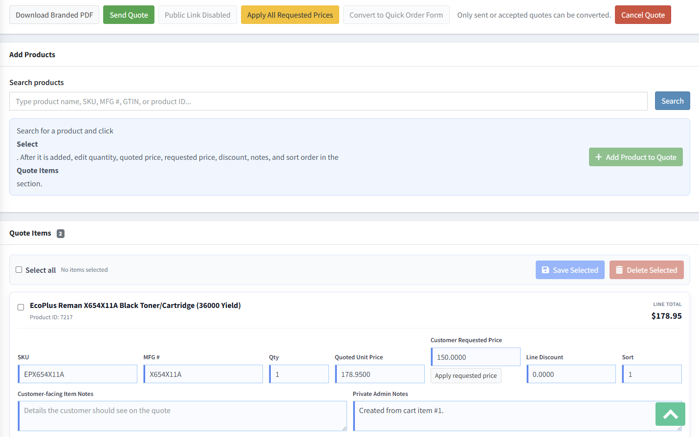 Advanced quote item editor