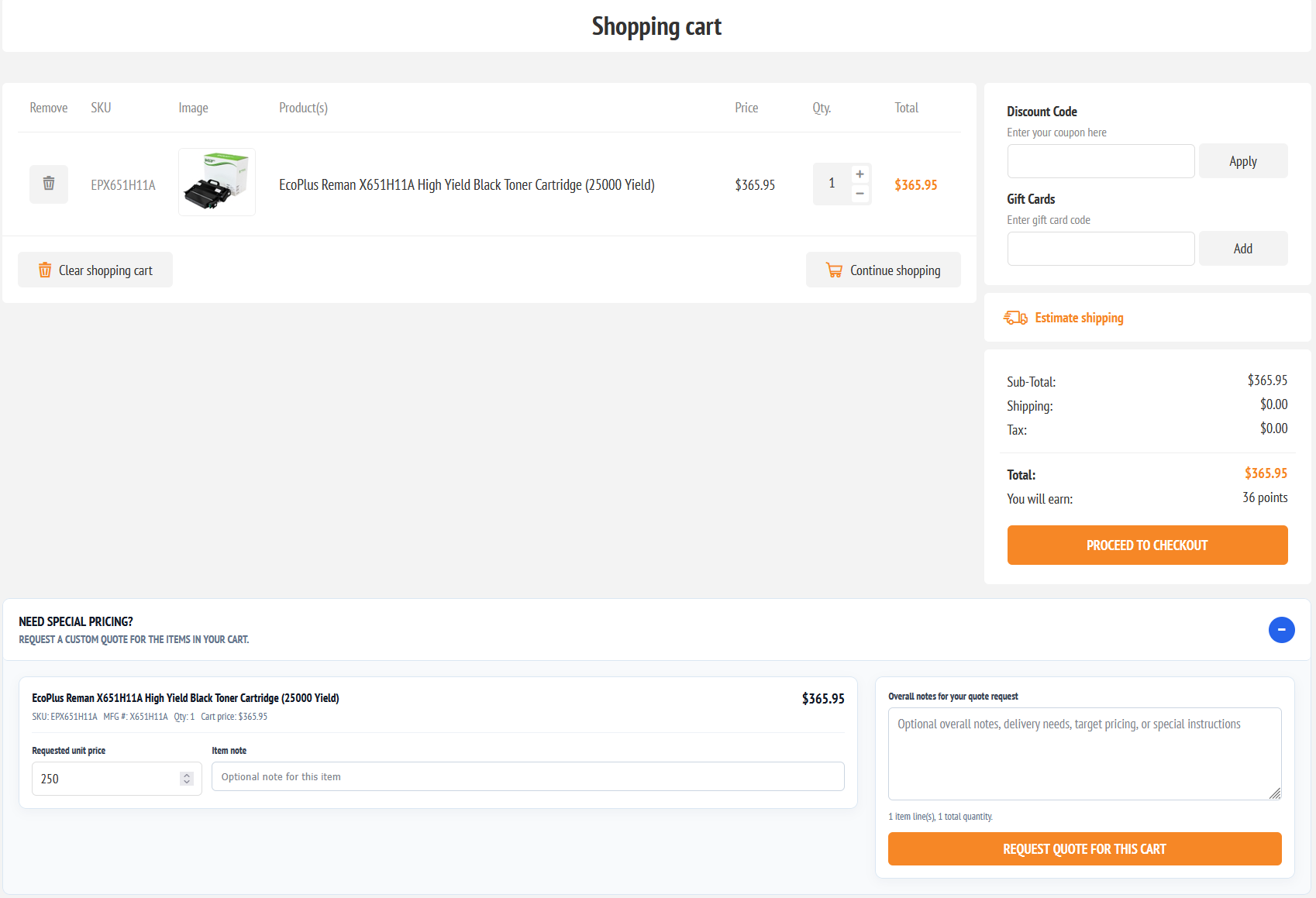 Shopping cart with an expanded custom quote request