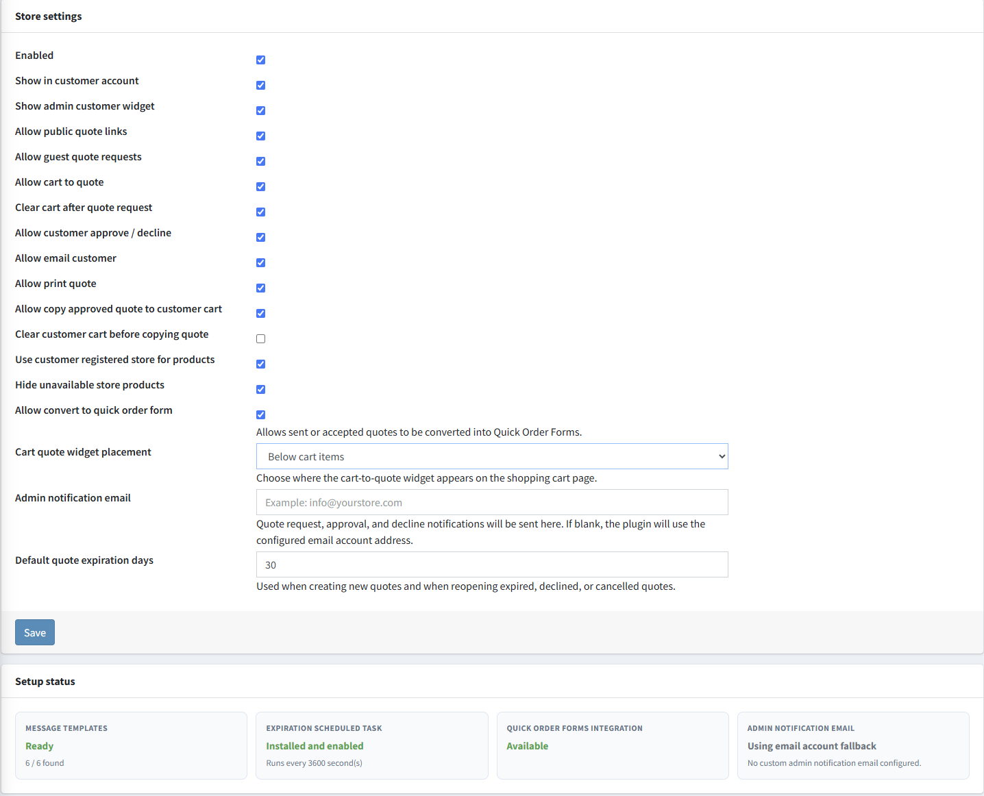 Advanced Quotes per-store settings and setup status