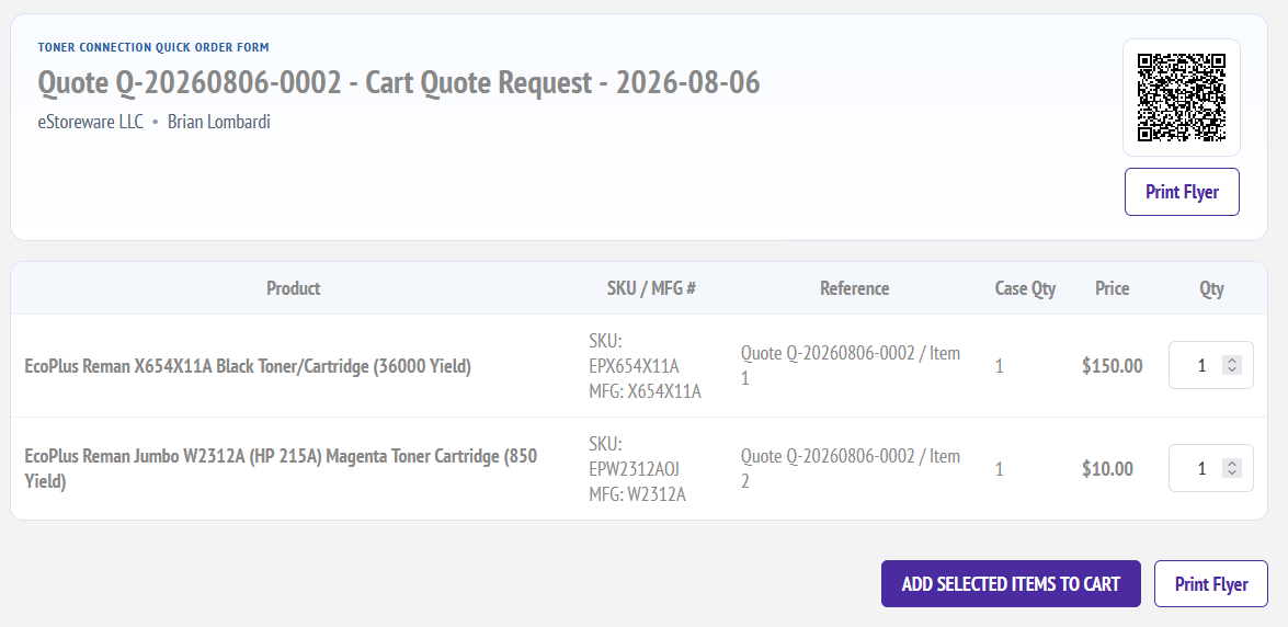 Public Quick Order Form generated from the quote