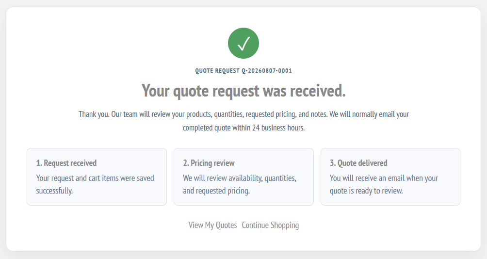 Quote request confirmation and completed quote email