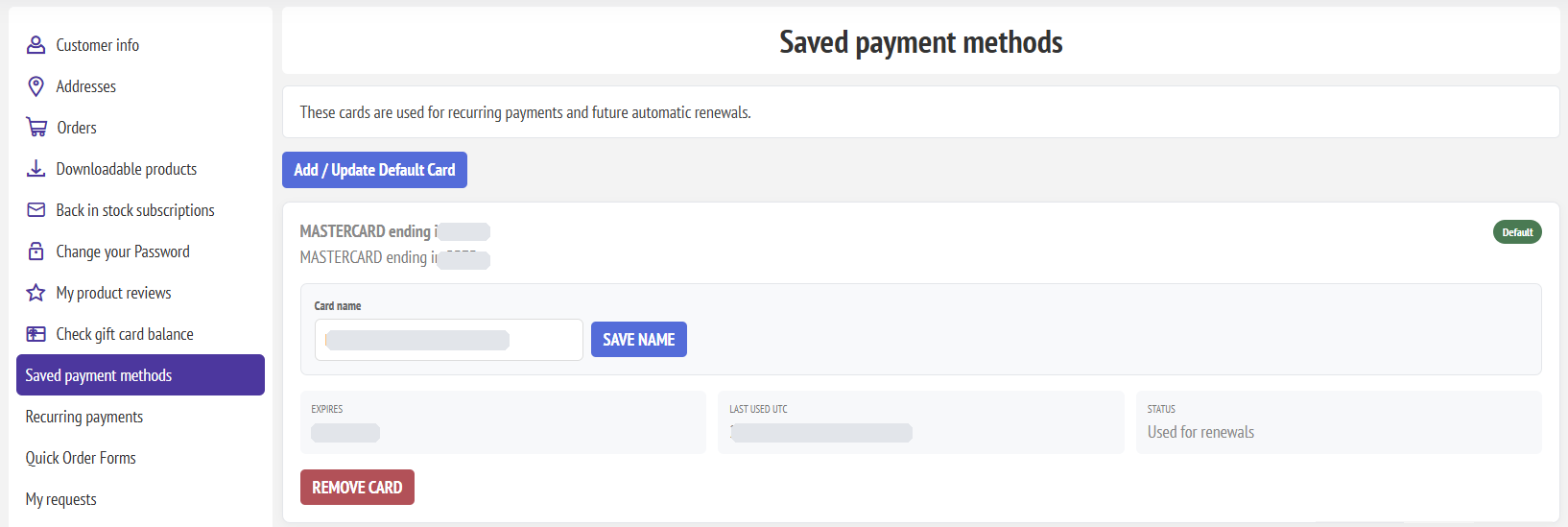 Saved payment methods in customer account